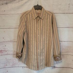 Robert Graham Striped and Embroidered Button Down Shirt Size Large